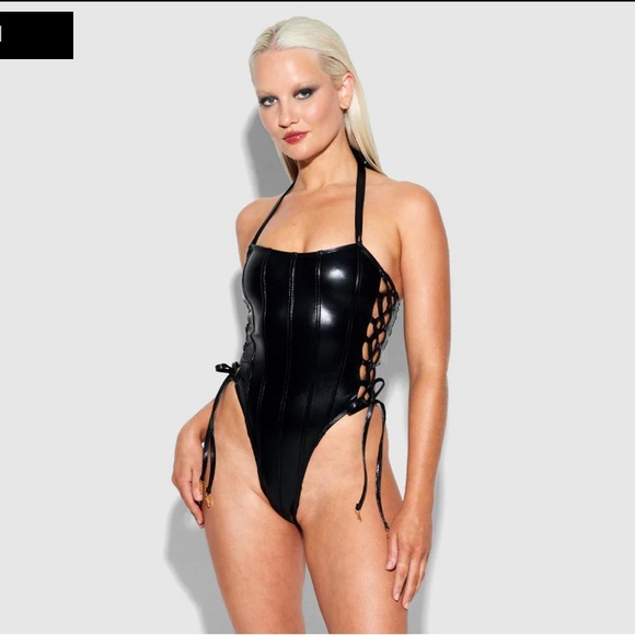 Shiny Black Halter Swim One Piece w/lace up detailing - Picture 2 of 9